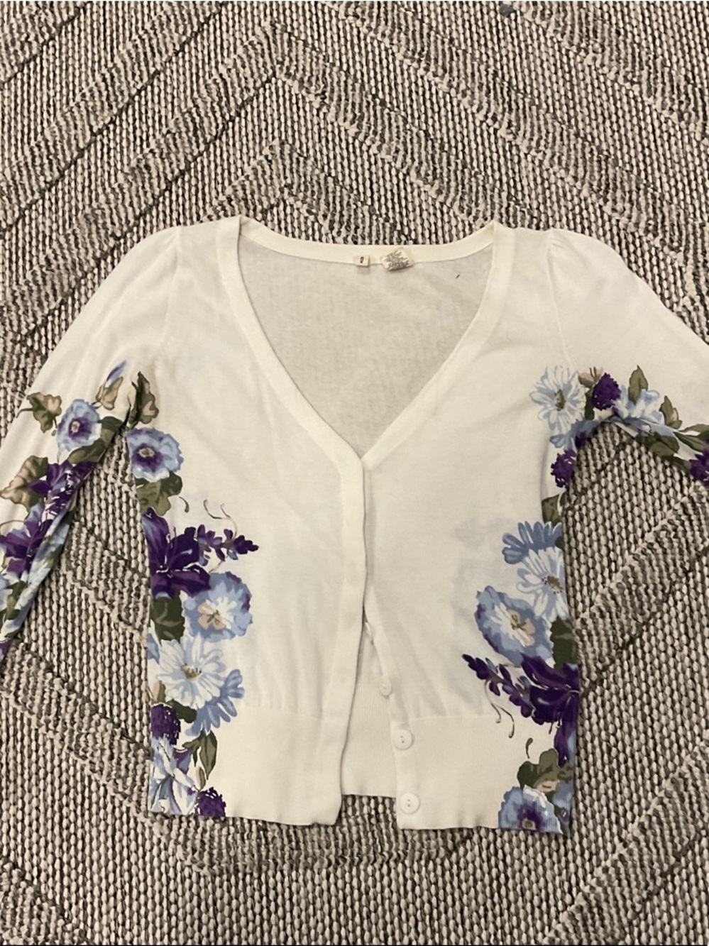 Anthropologie White Cardigan with Purple & Lavender Floral Accents